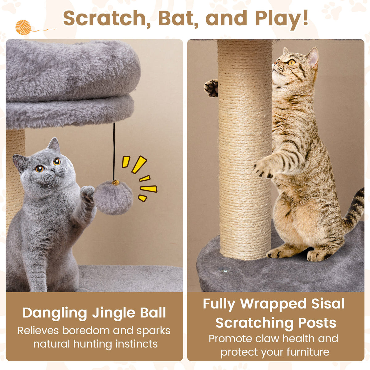 40 Inch Multi-Level Cat Tower with Condo & Dangling Jingle Ball - Gray Variation