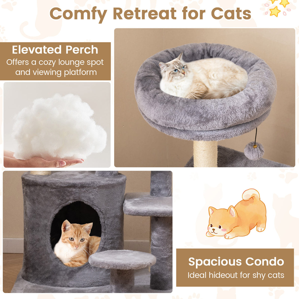40 Inch Multi-Level Cat Tower with Condo & Dangling Jingle Ball - Gray Variation
