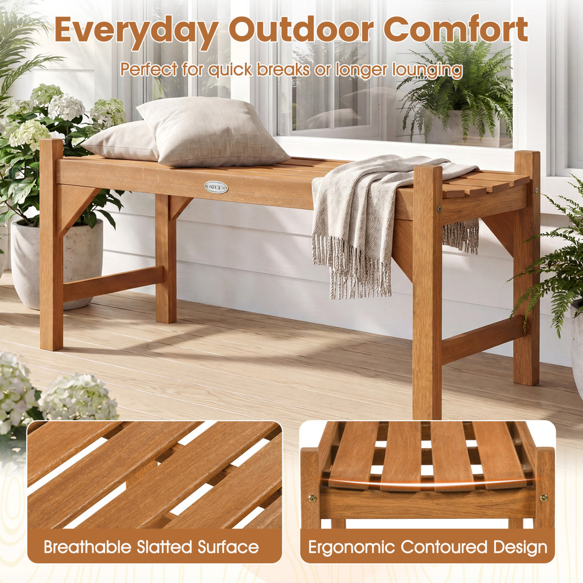 40 Inch Outdoor Bench with Slatted Contoured Seat for Deck Entryway