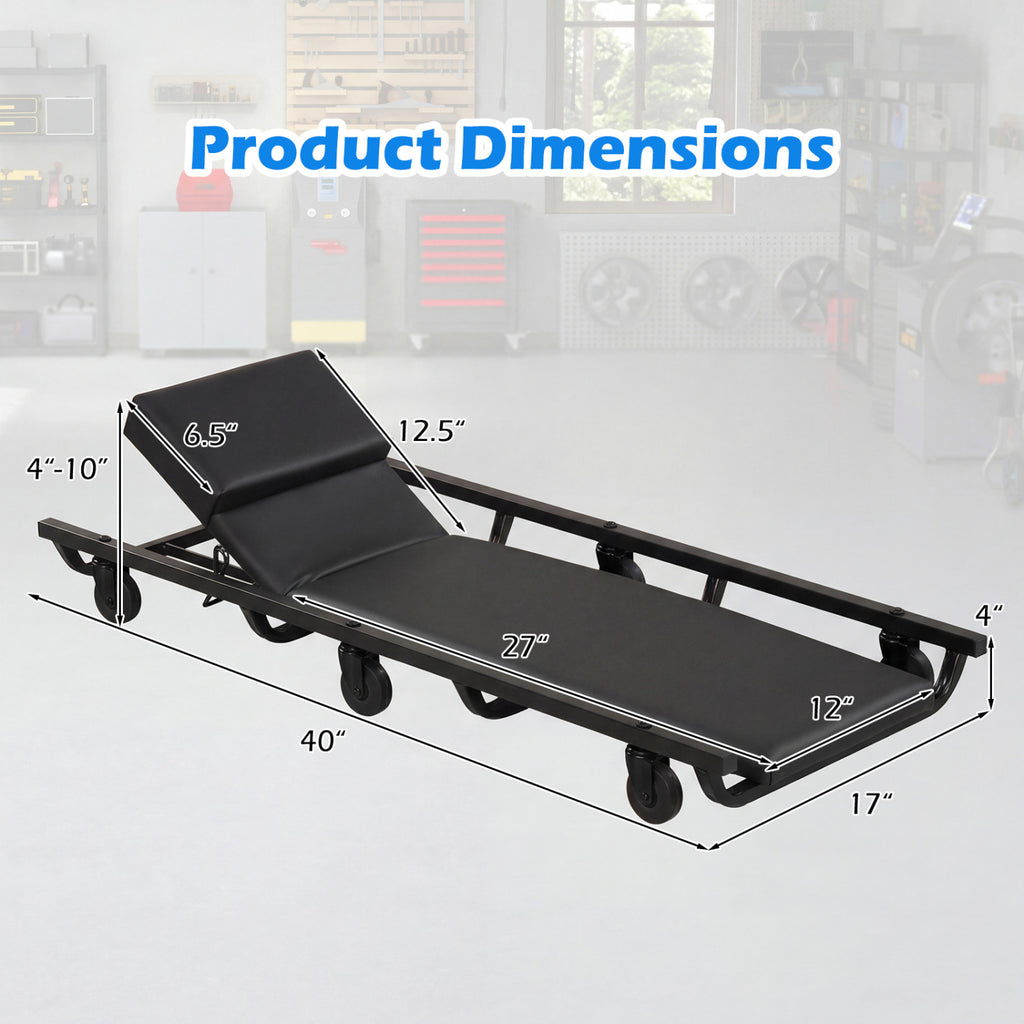 40 Inch Rolling Mechanic Creeper Cart with Headrest - Black