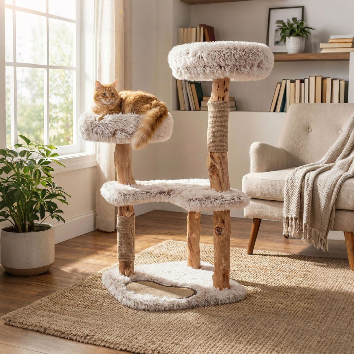 White 40-Inch Modern Cat Tree Tower with Real Wood Branches & Padded Perches