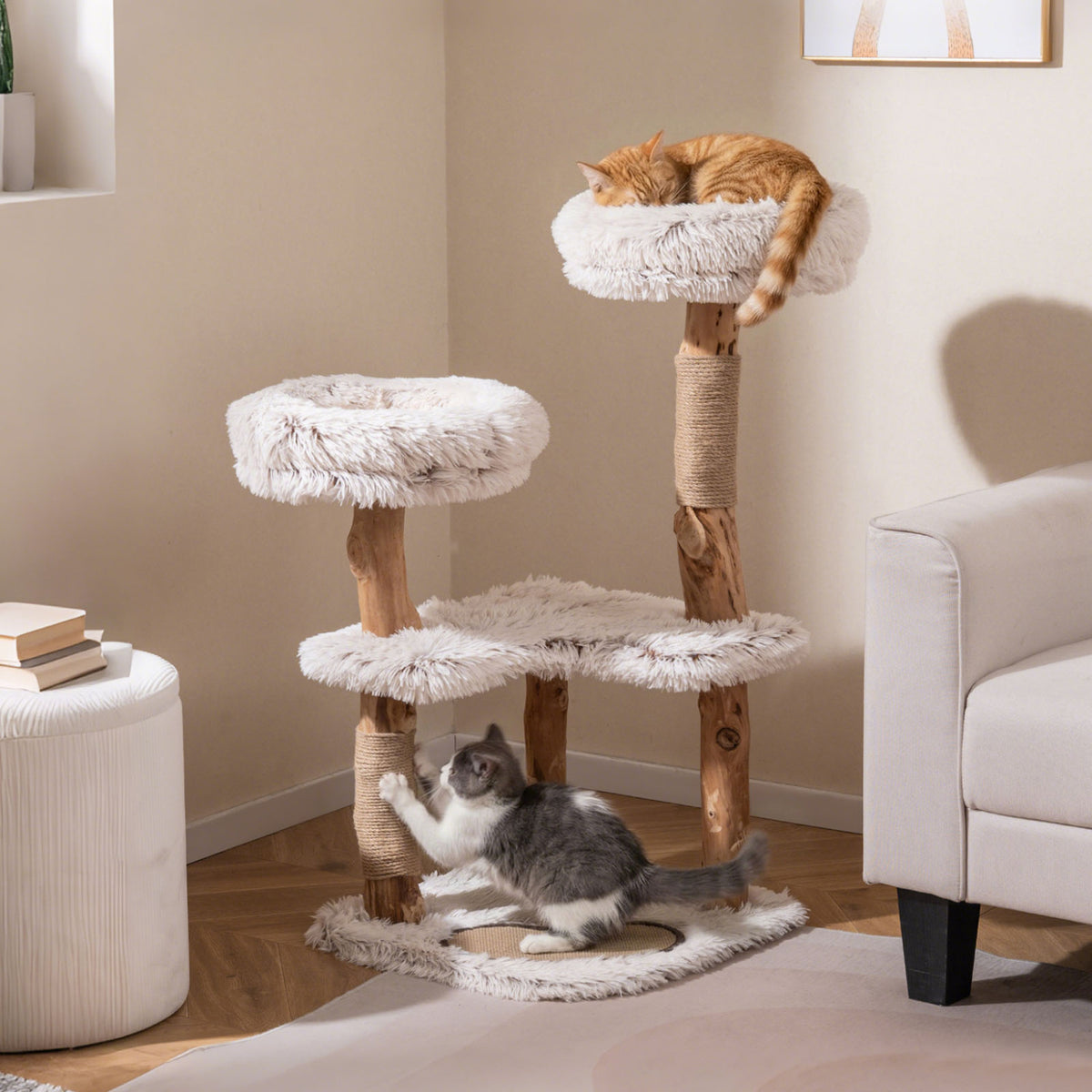 White 40-Inch Modern Cat Tree Tower with Real Wood Branches & Padded Perches