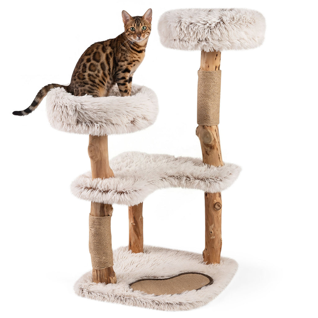 White 40-Inch Modern Cat Tree Tower with Real Wood Branches & Padded Perches