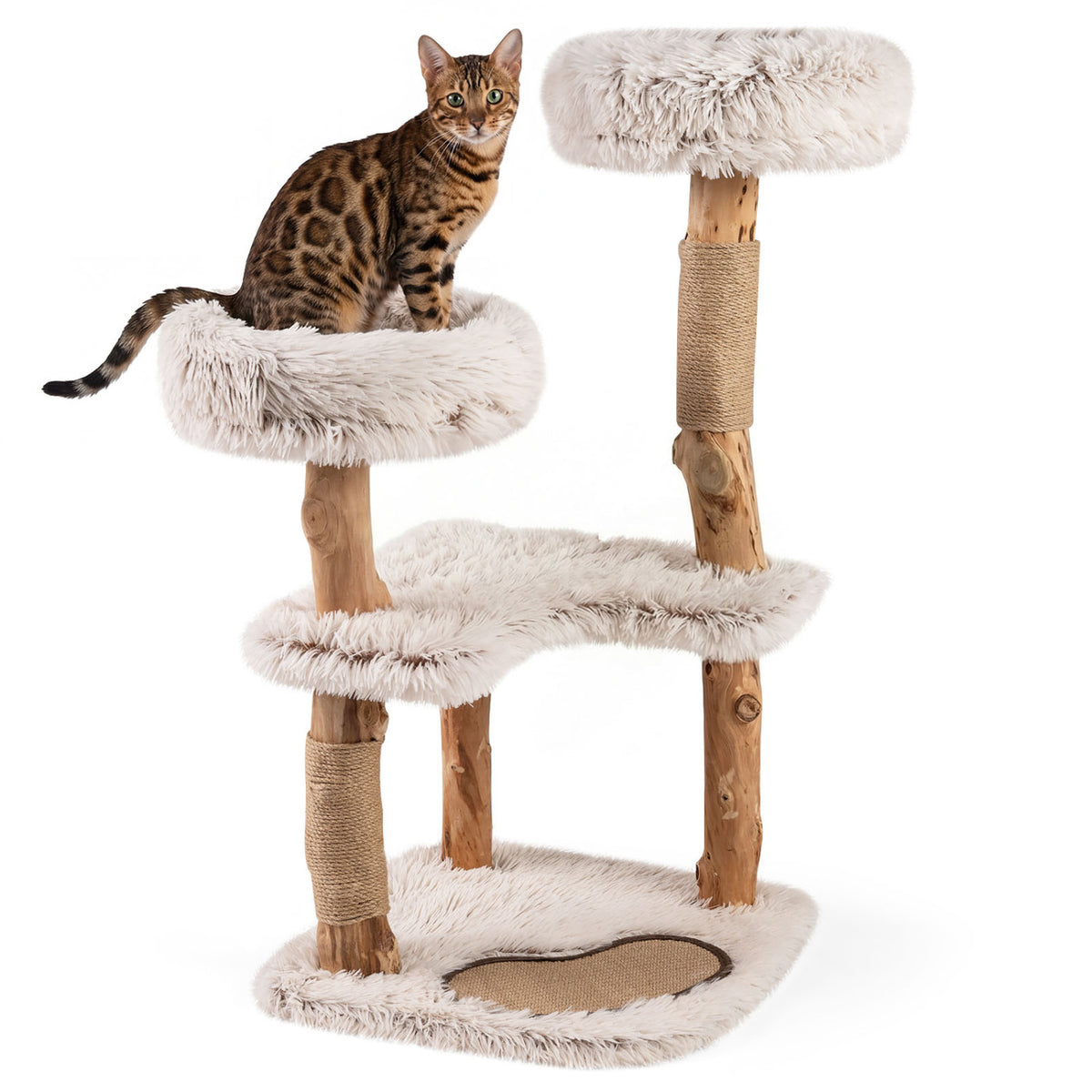 White 40-Inch Modern Cat Tree Tower with Real Wood Branches & Padded Perches