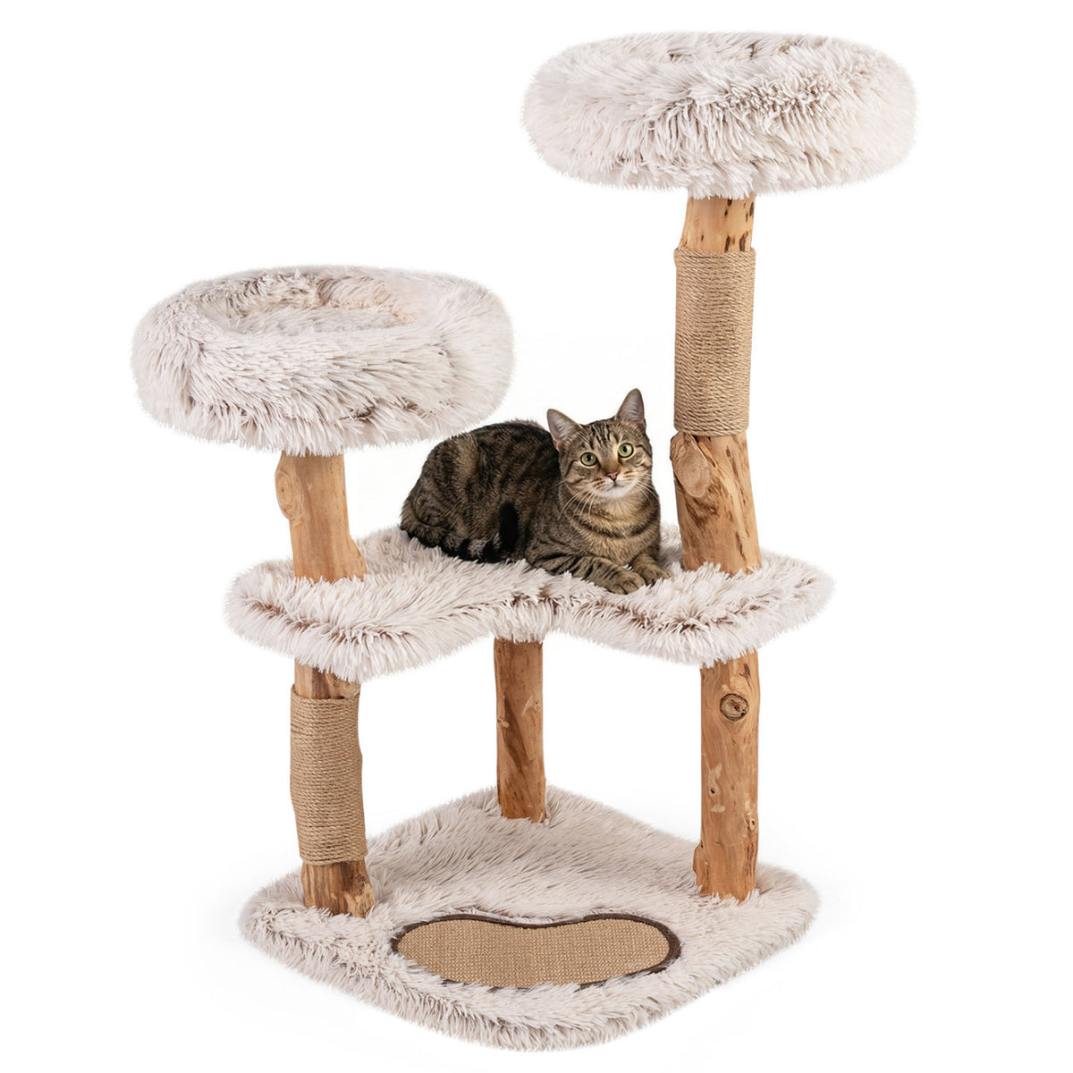 White 40-Inch Modern Cat Tree Tower with Real Wood Branches & Padded Perches