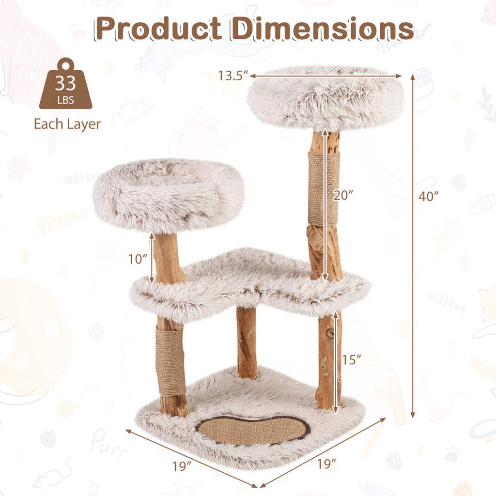 White 40-Inch Modern Cat Tree Tower with Real Wood Branches & Padded Perches