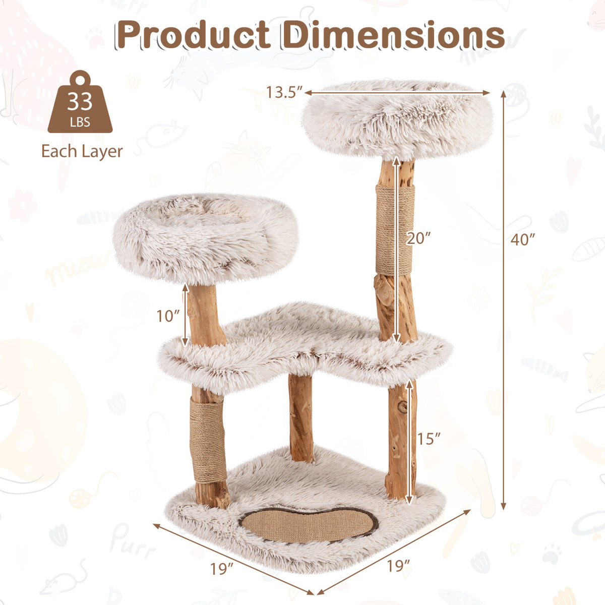 White 40-Inch Modern Cat Tree Tower with Real Wood Branches & Padded Perches