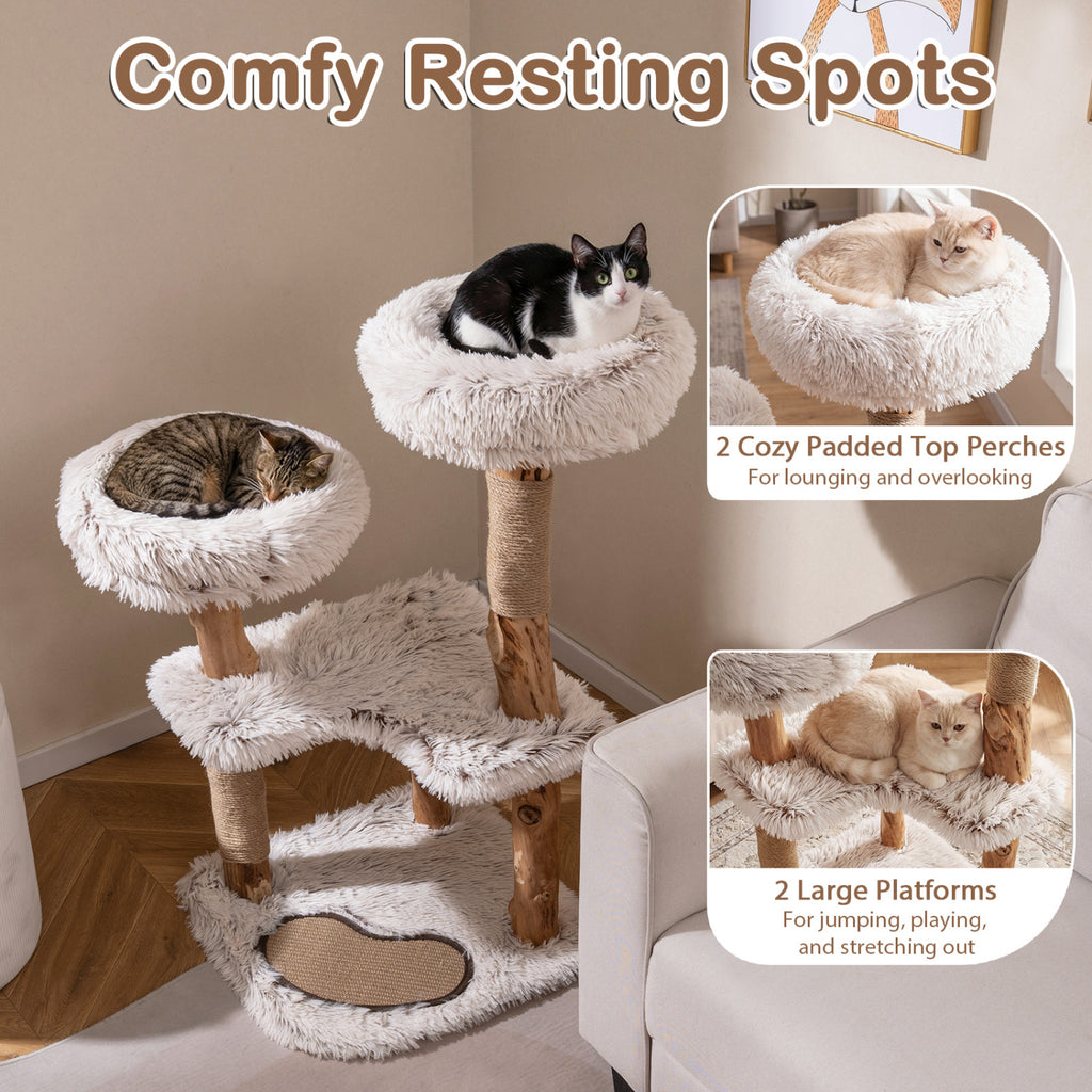 White 40-Inch Modern Cat Tree Tower with Real Wood Branches & Padded Perches
