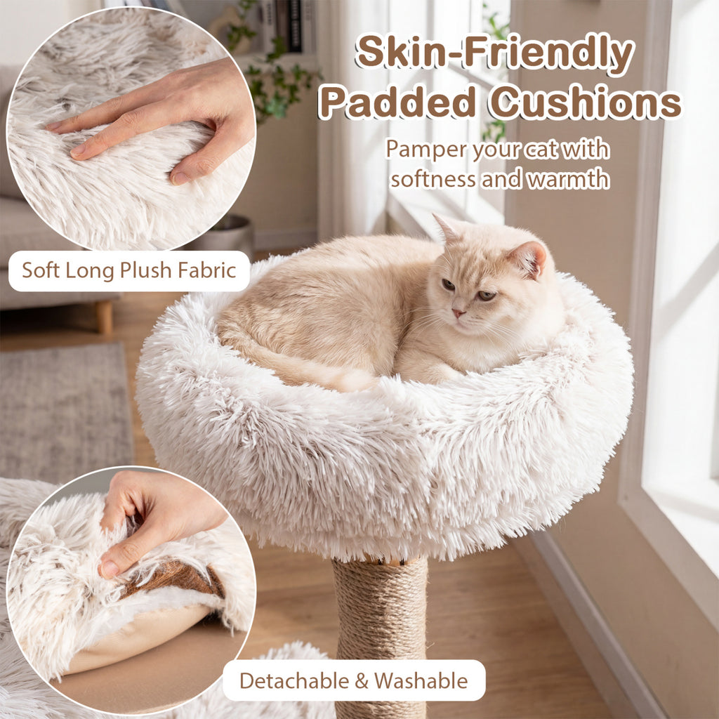 White 40-Inch Modern Cat Tree Tower with Real Wood Branches & Padded Perches