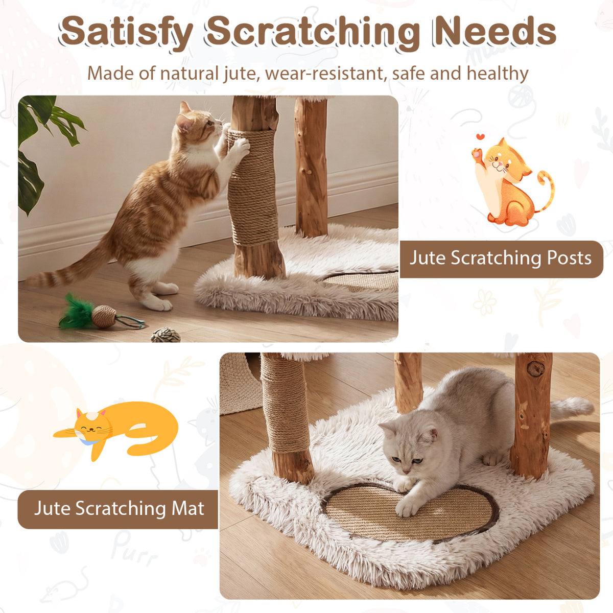White 40-Inch Modern Cat Tree Tower with Real Wood Branches & Padded Perches