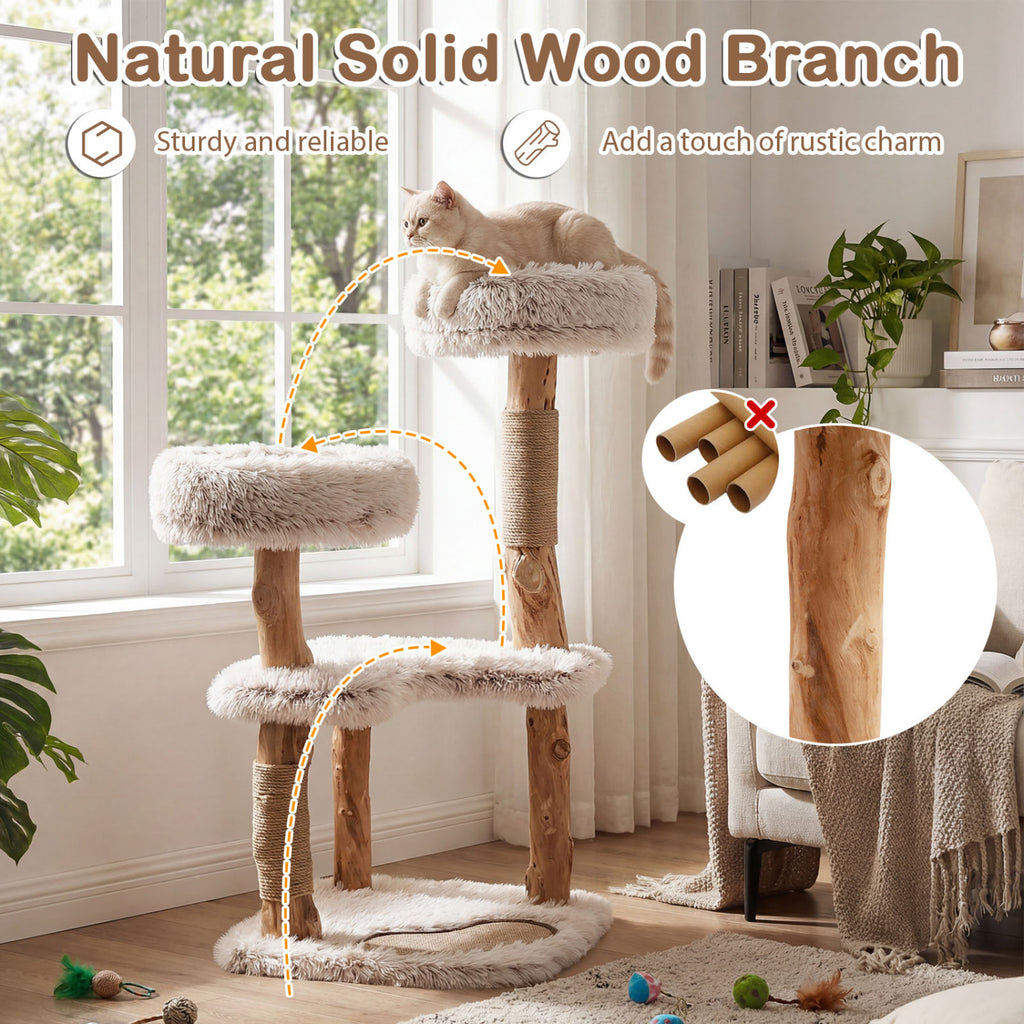 White 40-Inch Modern Cat Tree Tower with Real Wood Branches & Padded Perches