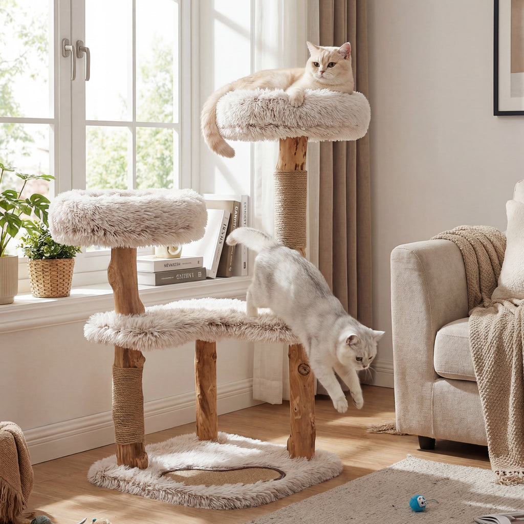 White 40-Inch Modern Cat Tree Tower with Real Wood Branches & Padded Perches