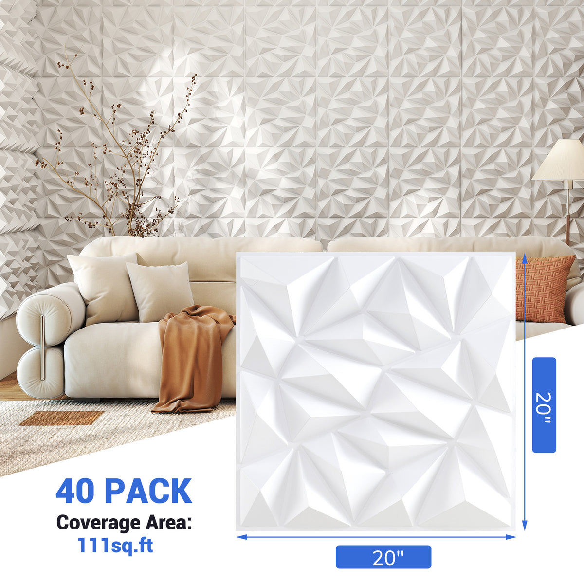 White 40-Pack 3D Wall Panel Decor Diamond Pattern - Costway Variation