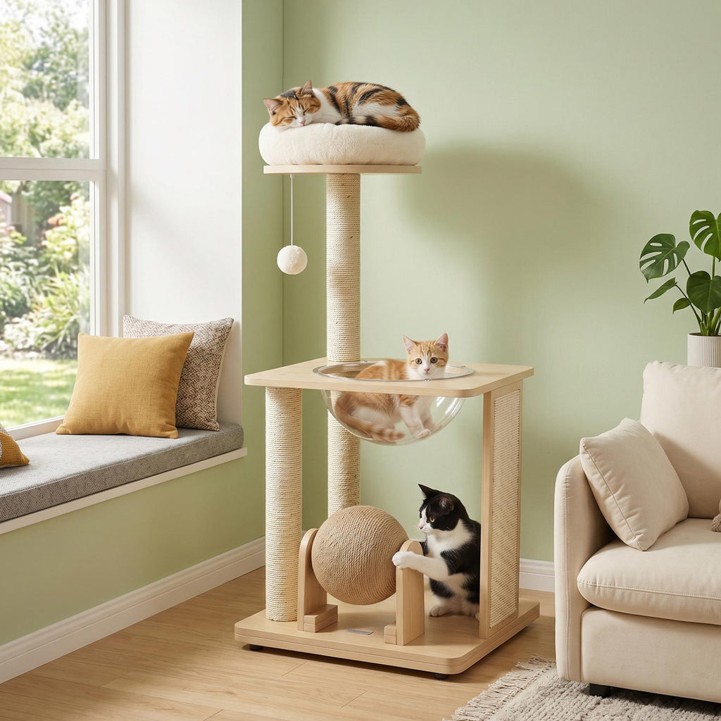 40-Inch Natural Solid Wood Cat Tree with Space Capsule, Sisal Posts and Scratching Board