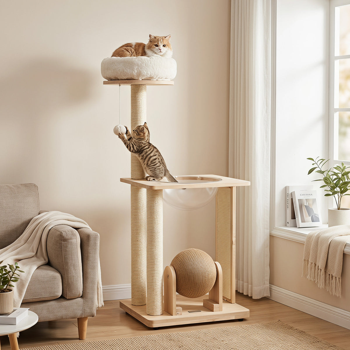 40-Inch Natural Solid Wood Cat Tree with Space Capsule, Sisal Posts and Scratching Board