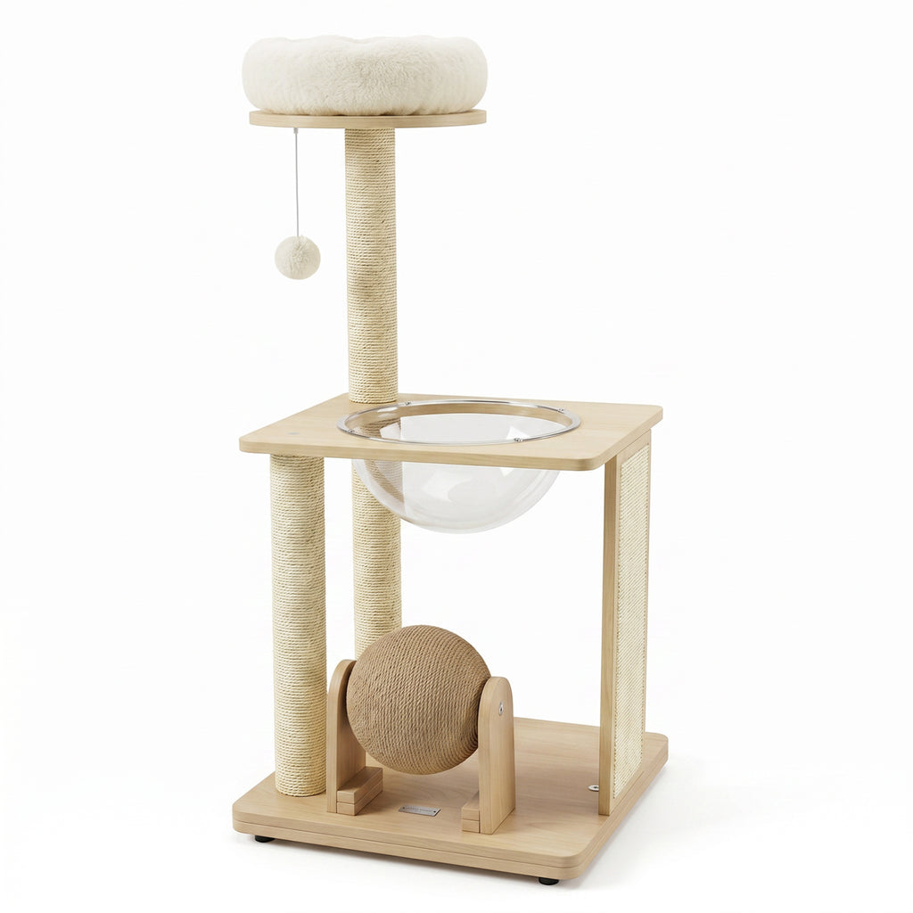 40-Inch Natural Solid Wood Cat Tree with Space Capsule, Sisal Posts and Scratching Board