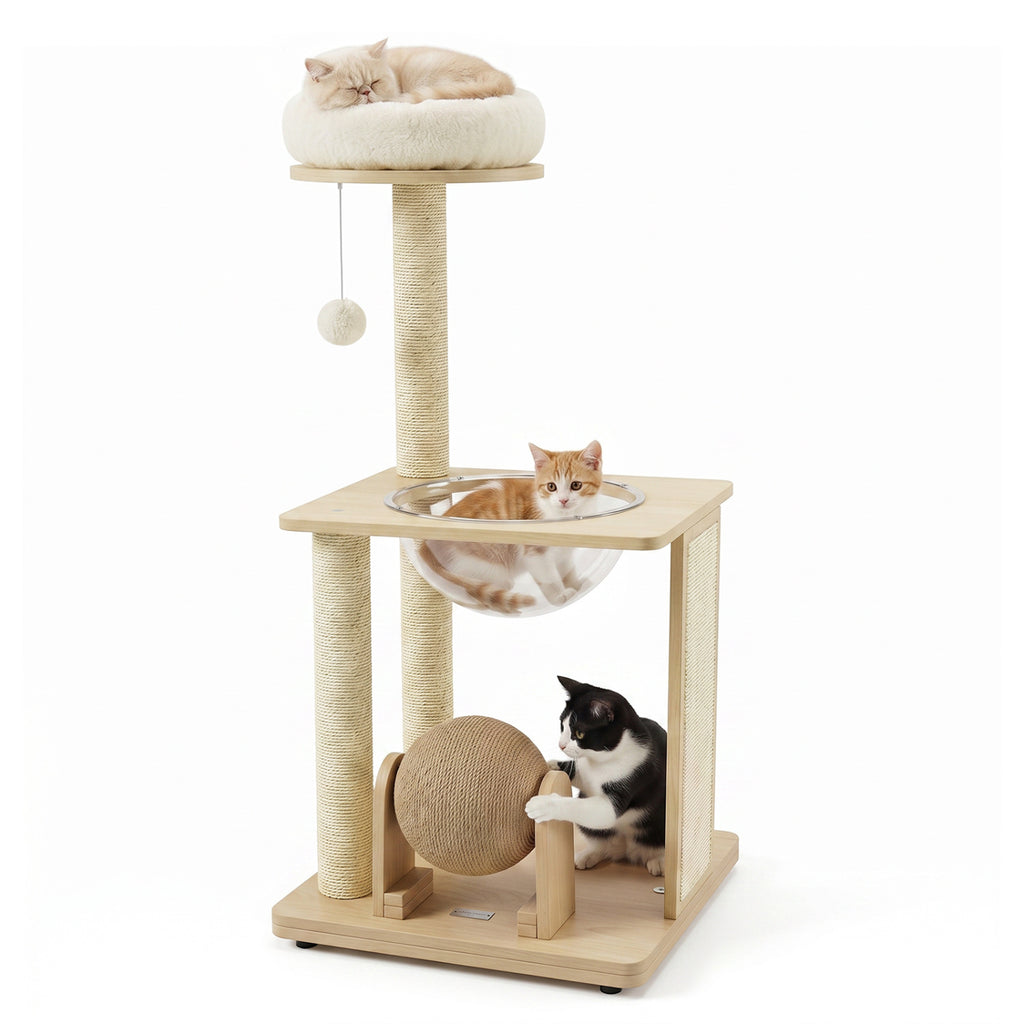 40-Inch Natural Solid Wood Cat Tree with Space Capsule, Sisal Posts and Scratching Board