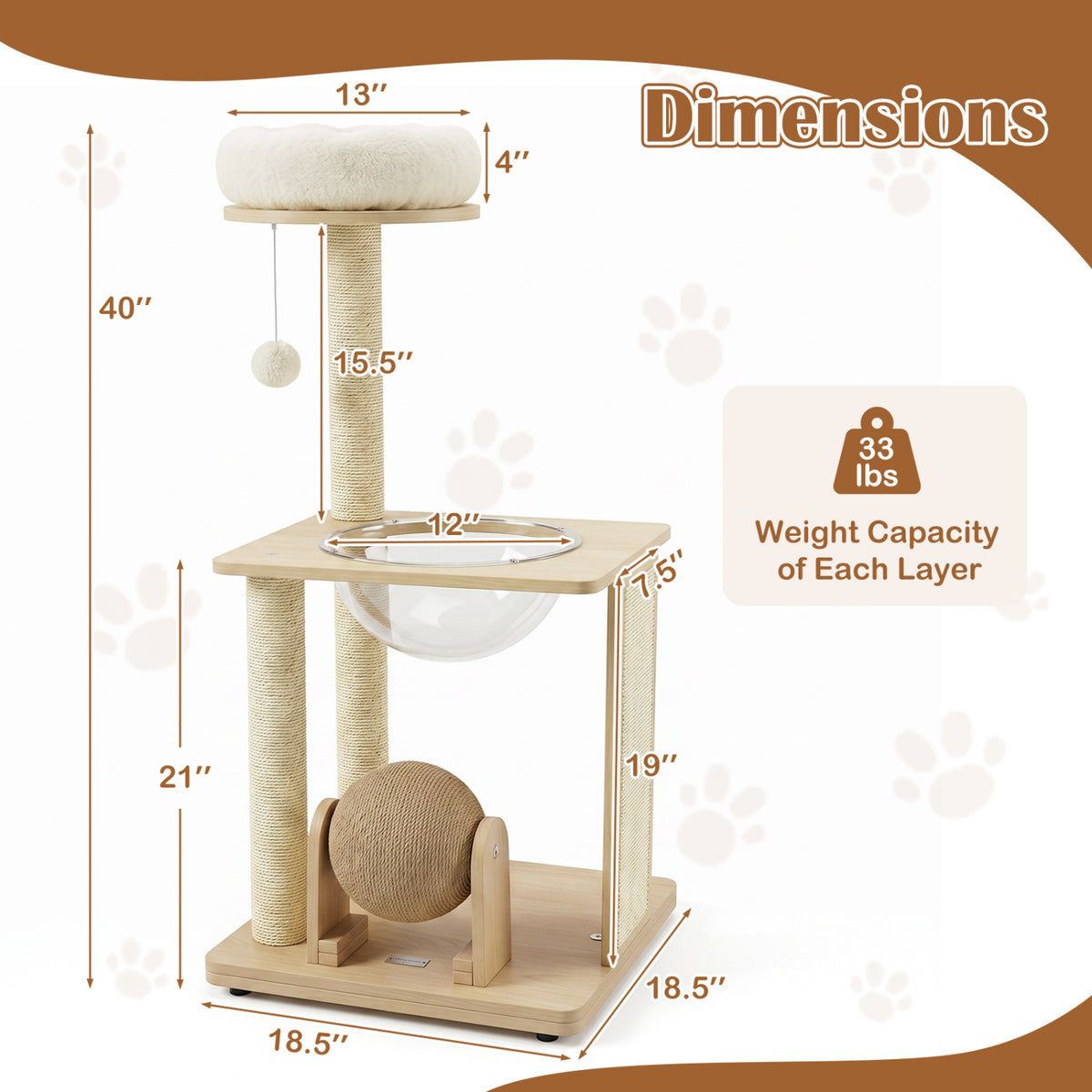 40-Inch Natural Solid Wood Cat Tree with Space Capsule, Sisal Posts and Scratching Board