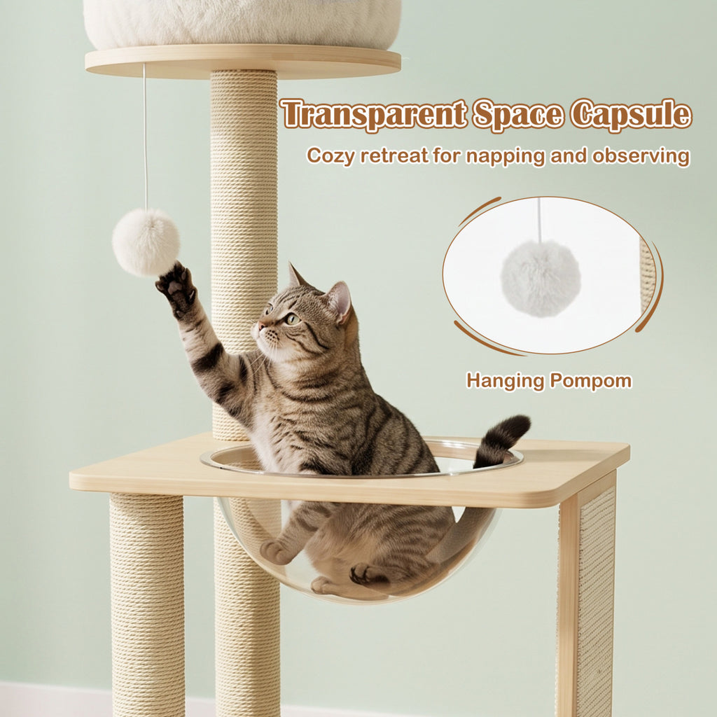40-Inch Natural Solid Wood Cat Tree with Space Capsule, Sisal Posts and Scratching Board