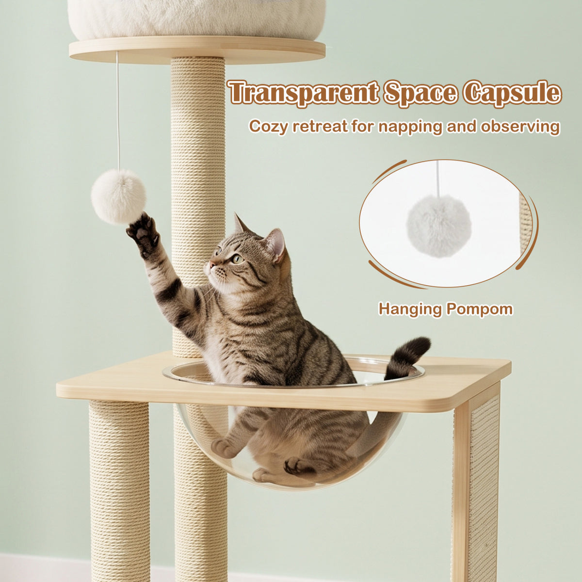 40-Inch Natural Solid Wood Cat Tree with Space Capsule, Sisal Posts and Scratching Board