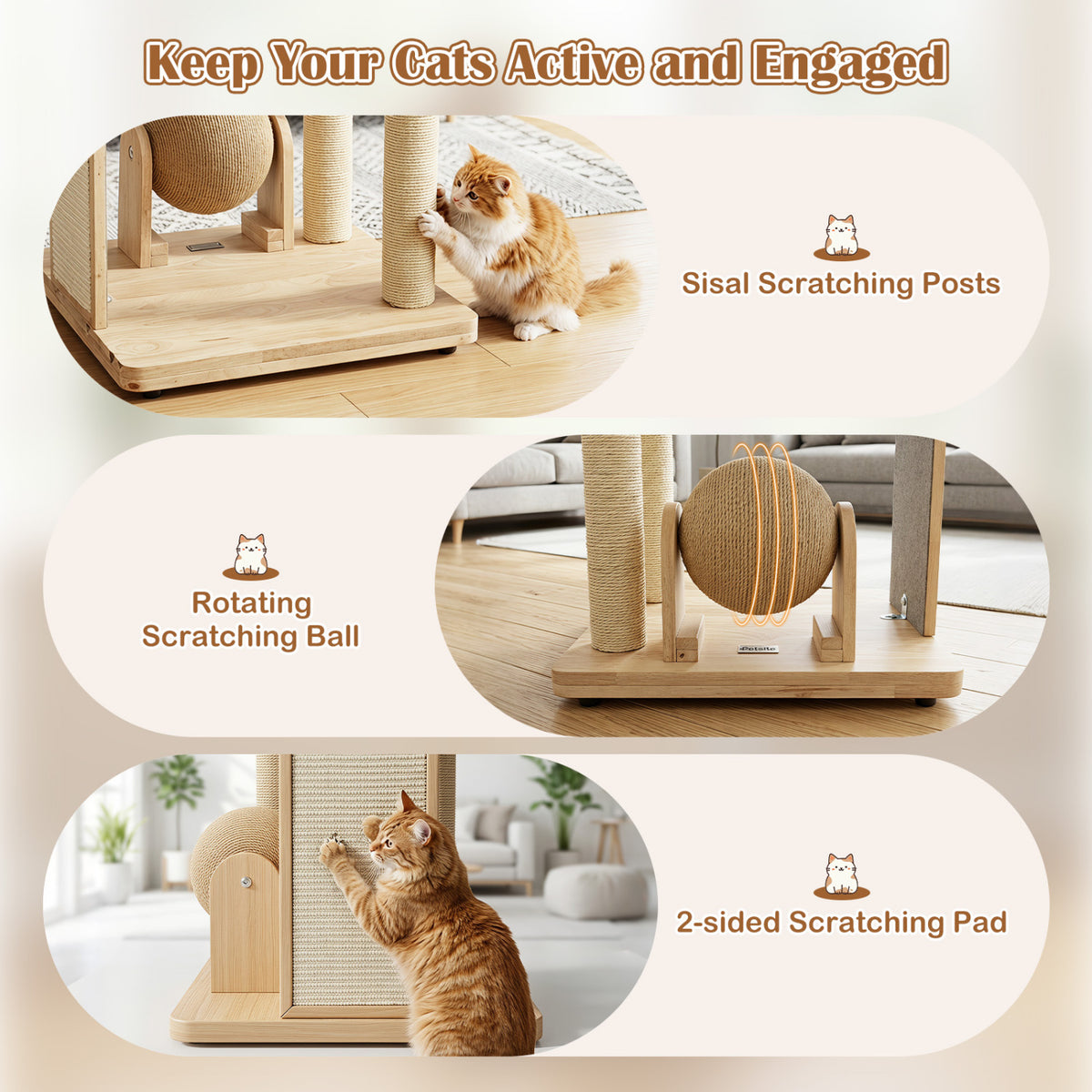 40-Inch Natural Solid Wood Cat Tree with Space Capsule, Sisal Posts and Scratching Board