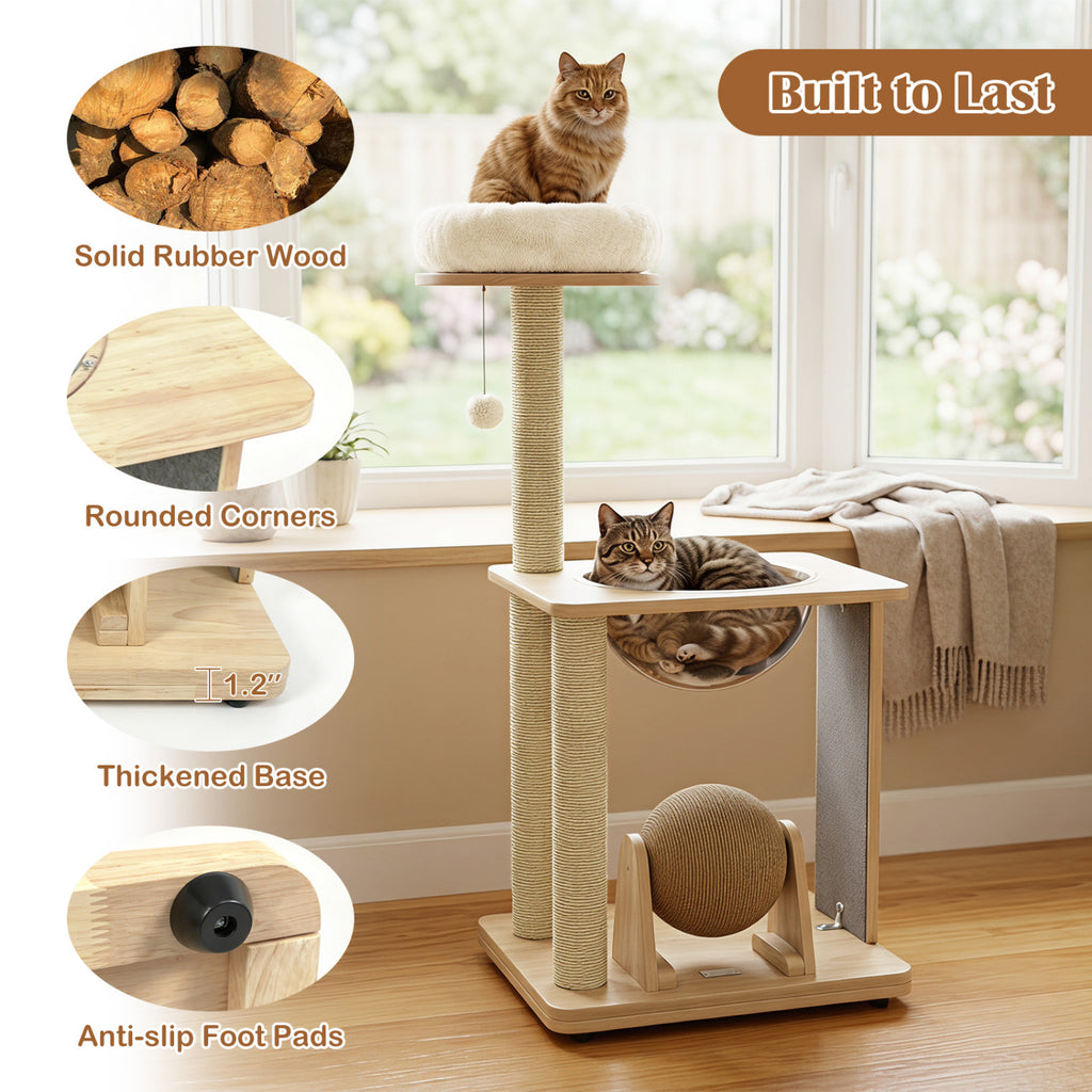 40-Inch Natural Solid Wood Cat Tree with Space Capsule, Sisal Posts and Scratching Board
