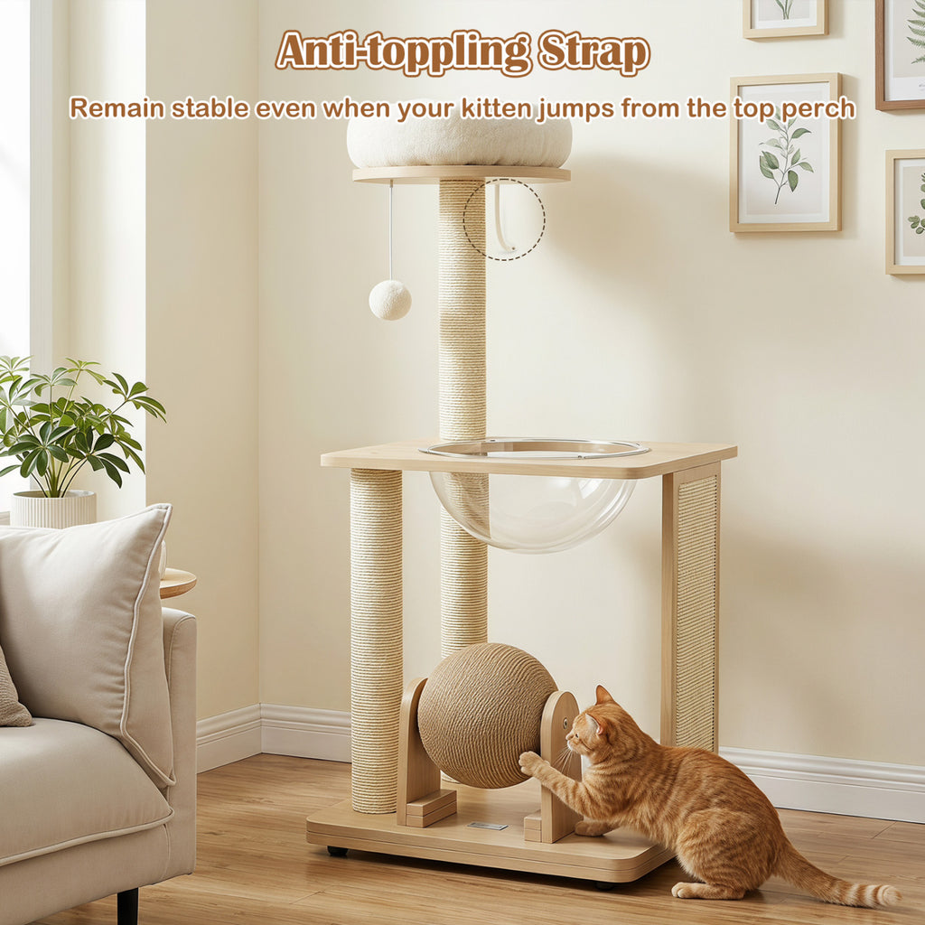 40-Inch Natural Solid Wood Cat Tree with Space Capsule, Sisal Posts and Scratching Board