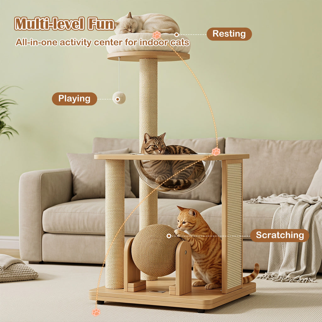 40-Inch Natural Solid Wood Cat Tree with Space Capsule, Sisal Posts and Scratching Board