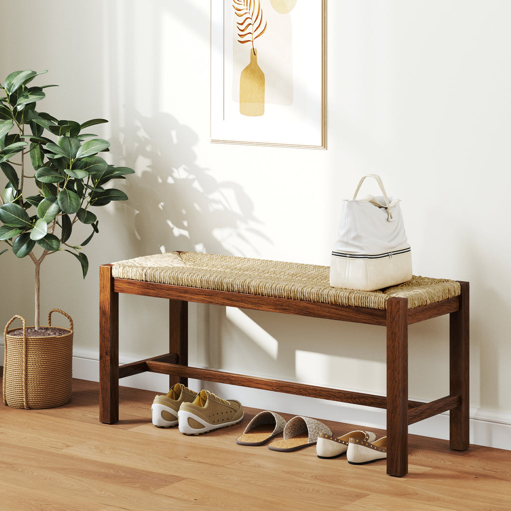 40 Inch Wood Bench with Seagrass Seat, Walnut