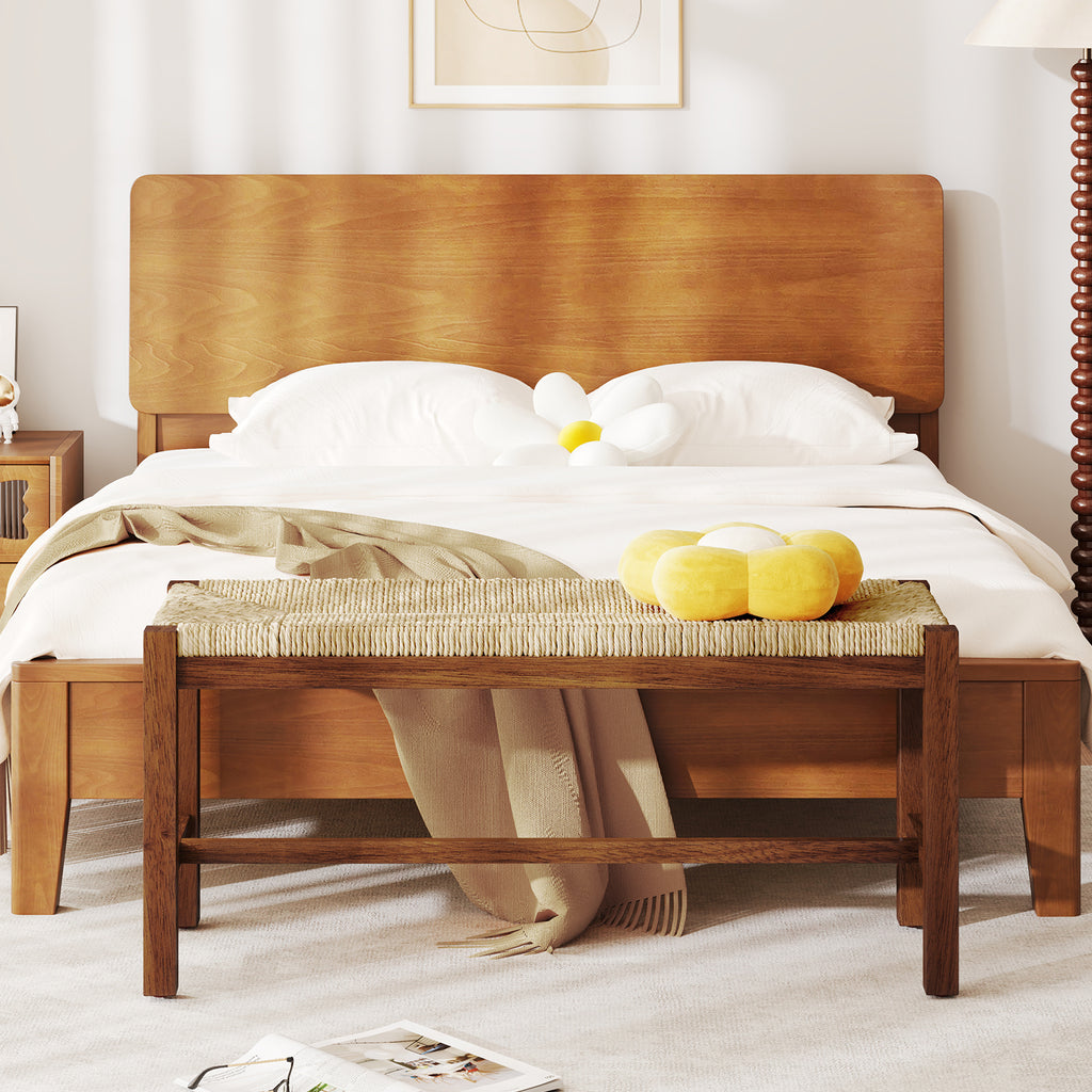 40 Inch Wood Bench with Seagrass Seat, Walnut