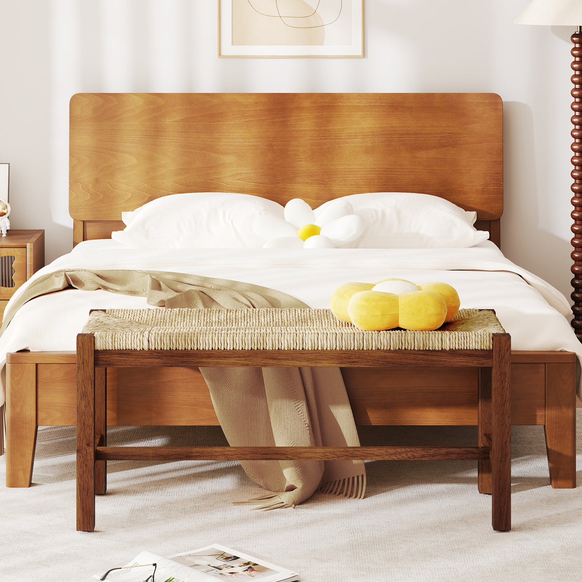 40 Inch Wood Bench with Seagrass Seat, Walnut