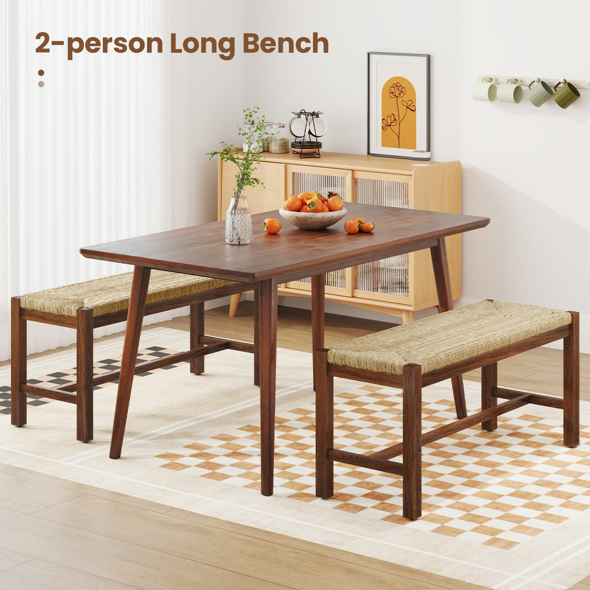 40 Inch Wood Bench with Seagrass Seat, Walnut