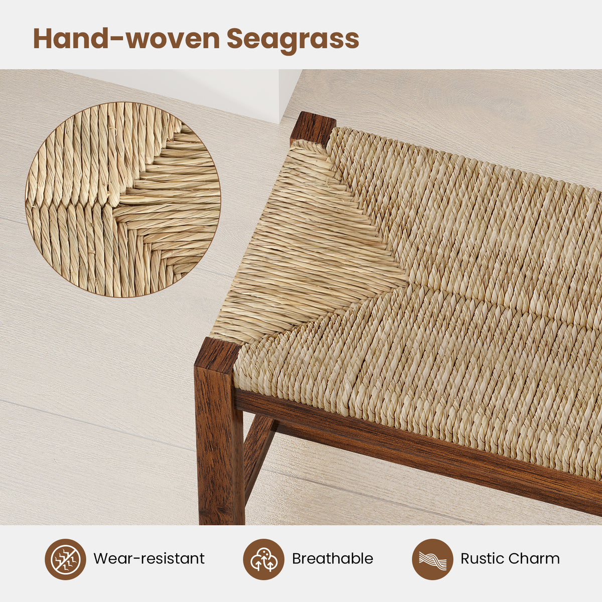 40 Inch Wood Bench with Seagrass Seat, Walnut