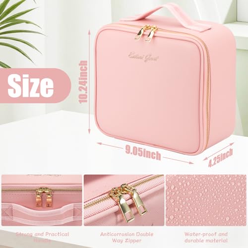 Makeup Travel Train Case with Mirror LED Light 3 Adjustable Brightness Large Cosmetic Bag Portable Storage Adjustable Partition Waterproof Makeup Brushes Make up Jewelry Gift for Women