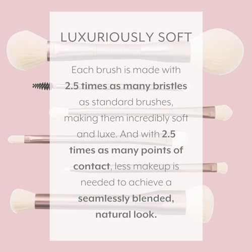 Jenny Patinkin Luxury Dual Ended Makeup Brush Set, 6 Makeup Brushes, Professional & Travel Makeup Brush Set with White Leather Case, 2.5x More Vegan, Soft Bristles for Full Face Flawless Application.