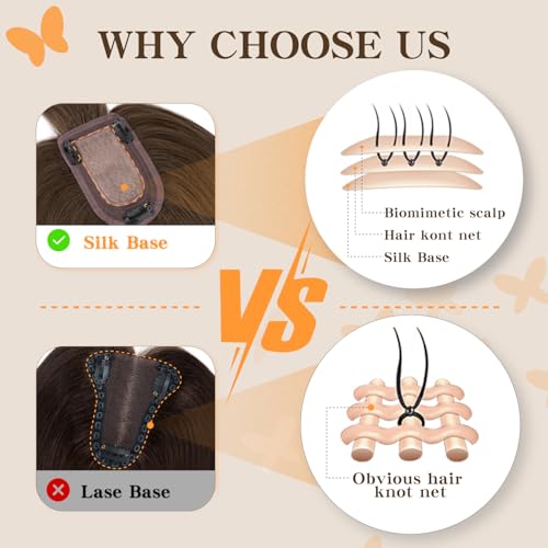 Human Hair Toppers for Women, 150% Density Hair Topper with Bang, No Tangle & Smooth, Upgrade 7x13cm Silk Base, 16 Inch #02 Dark Brown