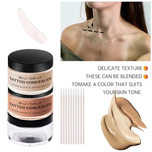 BIO-DIMOT Tattoo Cover Up, 2 Colors Waterproof & Sweatproof Tattoo Cover Up Makeup, Invisible & Natural, Skin-Friendly Body Makeup Suitable for Tattoos, Scars, Spots & Vitiligo (1PCS)