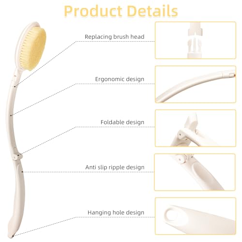 LFJ 19" Long Handle Shower Sponge Brush Set, 3 in 1 Body Brush, Bath Sponge and Lotion Applicator Improved Skin Health, Suitable for Men and Women (White Brush-1P)