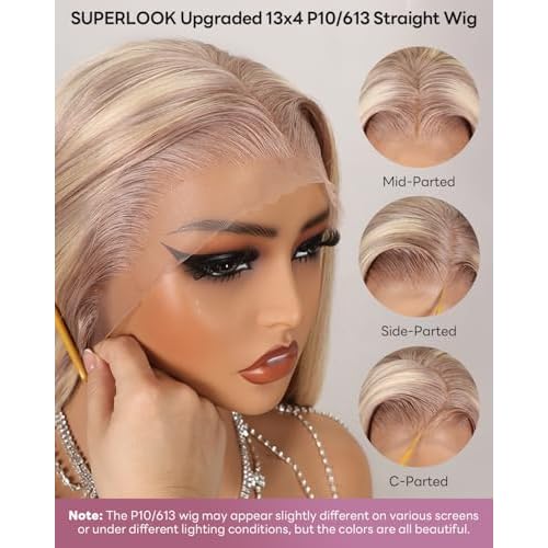 P10/613 Lace Front Wig Human Hair 13x4 Wear And Go Glueless Wigs Human Hair HD Blonde Highlight Lace Front Wig Light Brown Pre Plucked 240% Density (18inch, P10/613 Straight Wig)