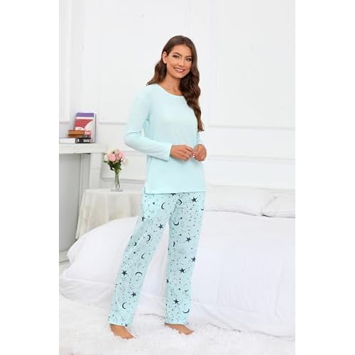 PNAEONG Women's Cotton Long-Sleeve Tops and Full-Length Pajama Set Two-Piece Pjs with Pockets SY008