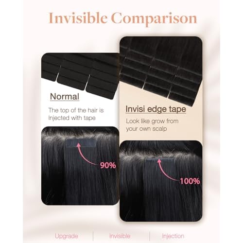 GOO GOO Invisi Edge Tape in Hair Extensions Human Hair, 1B Natural black 20pcs injected with 20pcs classical tape ins, 24inch 100g, Virgin Remy Hair, Natural Look