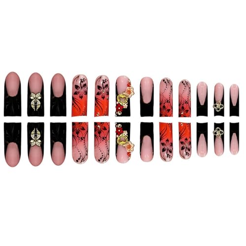 24Pcs Red French Tip Fake Nails Long Square Press on Nails pink Full Cover Glue on Nails with 3D Flower and Rhinestones Designs False Nails Gold Metallic Heart Acrylic Nails for Women