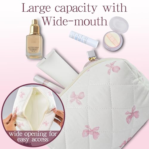 Quilted Makeup Pouch,Cotton Puffy Makeup Bag, Coquette Cosmetic Bag for Women and Girls, Aesthetic Organizer Bag, Cute Flower Travel Toiletry Bag