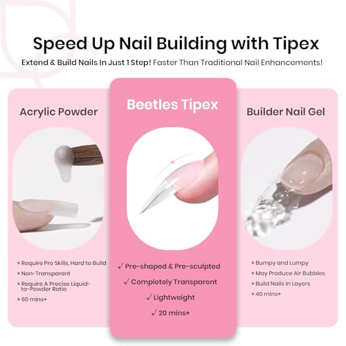 Beetles Tipex Instant Apex Nail Tips Kit, Medium Stiletto, 224 Pcs 16 Sizes Pre-Building Pre-Etched False Nail Tips with Tipex Nail Glue, Mini Nail Lamp