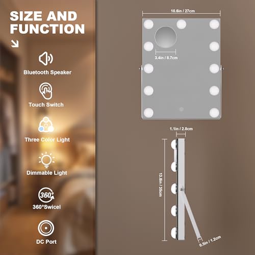 MINISO Vanity Mirror with Lights and Bluetooth Speaker- 10.6" x 13.8" Hollywood Makeup Mirror with 3 Color Lights, Smart Touch Control