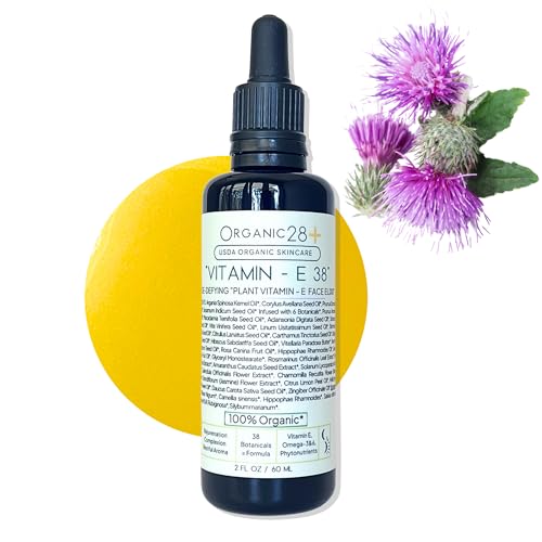 Organic28. 100% Organic Vitamin E Oil For Face & D?colletage. 38 Botanicals ? USA Made. 2 X Size. Vitamin E Oil For Skin Rejuvenating & Moisture Retention. Organic E Serum. Face Moisturizer. 2 Fl. Oz
