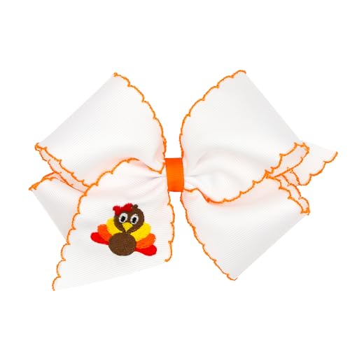 Wee Ones Girls' Toddler Thanksgiving Harvest and Farm-themed Grosgrain Hair Bows in Fall Prints or Moonstitch Embroidery on WeeStay no-slip clip, King, Turkey