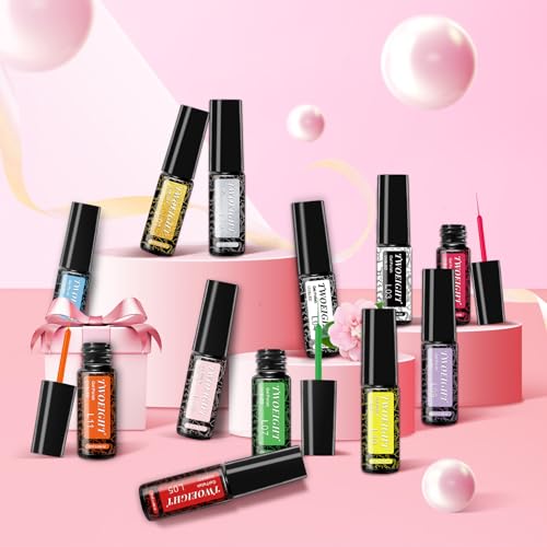 TWOEIGHT Gel Nail Polish Liner Nail Art 12 Colors 8ml UV Lamp Soak-off Polishes Pigmented Red Pink Glitter Built Thin Brush in Bottle Manicure DIY at Home Salon Quality Gift for Women for Mom