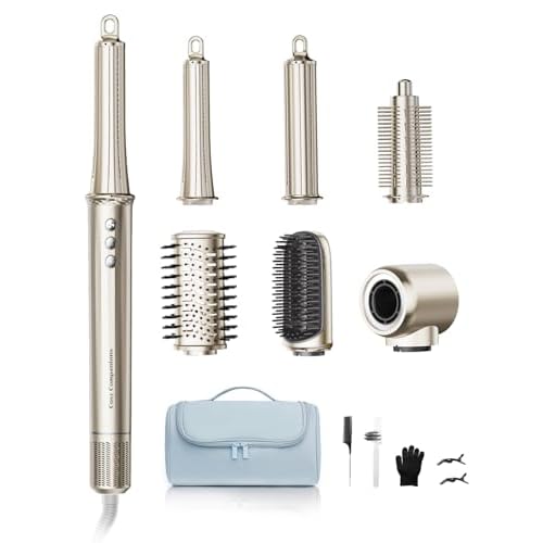 6-in-1 Hair Dryer Brush, Hair Styler with Automatic Curlers, 150,000 RPM High-Speed Negative Ionic Hair Dryer Fast Drying, Blow Dryer Brush for Curling/Volumizing/Straightening with Travel Bag, Gold