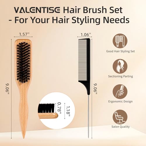 Boar Bristle Slick Back Hair Brush, Teasing Hair Brush with Black Carbon Fiber and Stainless Steel Tail Comb, Slick Hair Brush Set for Parting and Sectioning, Suitable for All Styling